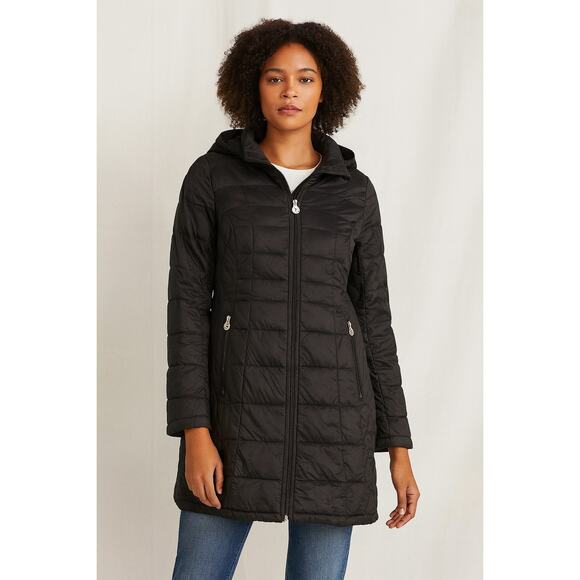Michael Kors Lightweight Down Packable Long Hooded Jacket Black Small - Picture 1 of 10